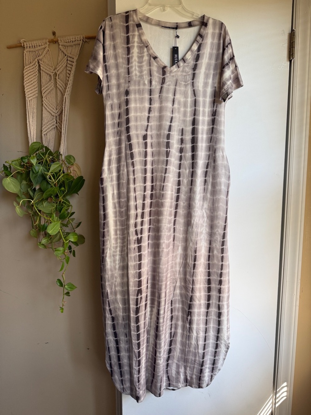 Tie-Dye V-Neck Short Sleeve Maxi Dress - Gray